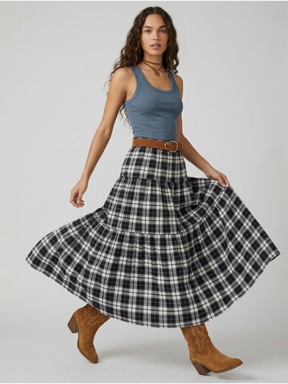 Joie A-Line Tiered Maxi Skirt in Black and White Plaid XS
